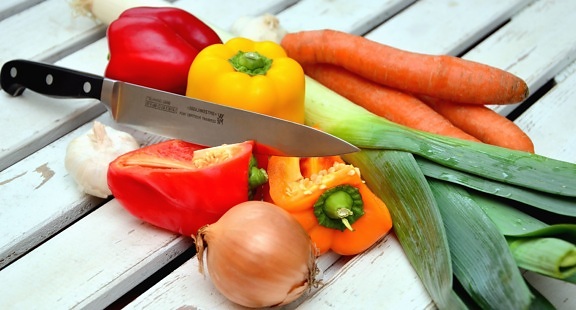 peppers, vegetable, table, food, carrot, garlic, onion, knife