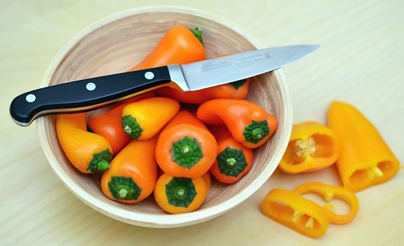 paprika, bolle, kniv, bord, salat