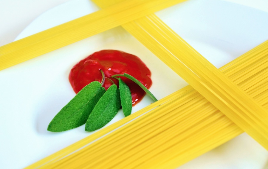 Tomate, salsa, pasta, placa, decoración, espaguetis