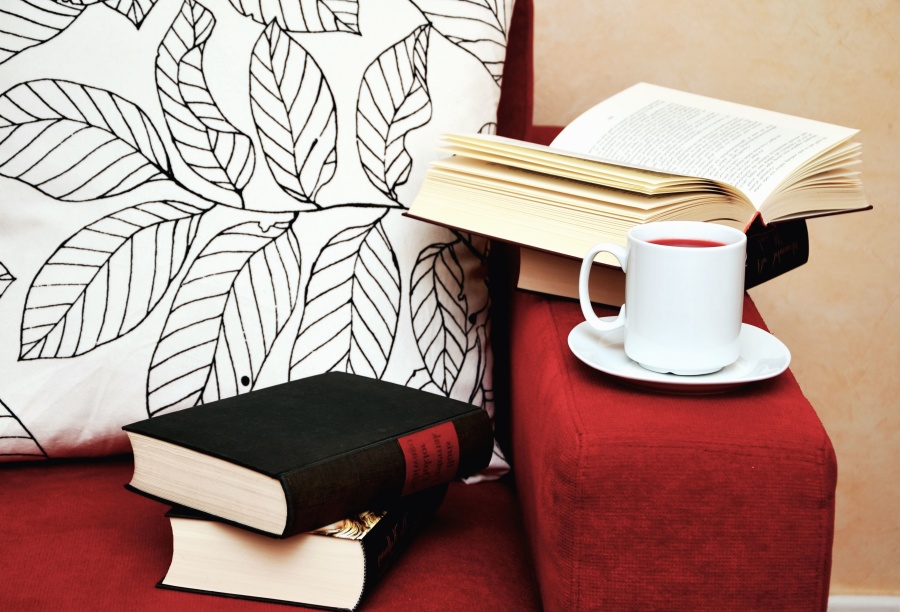 pohár, čaj, kniha, židle, učení, studium