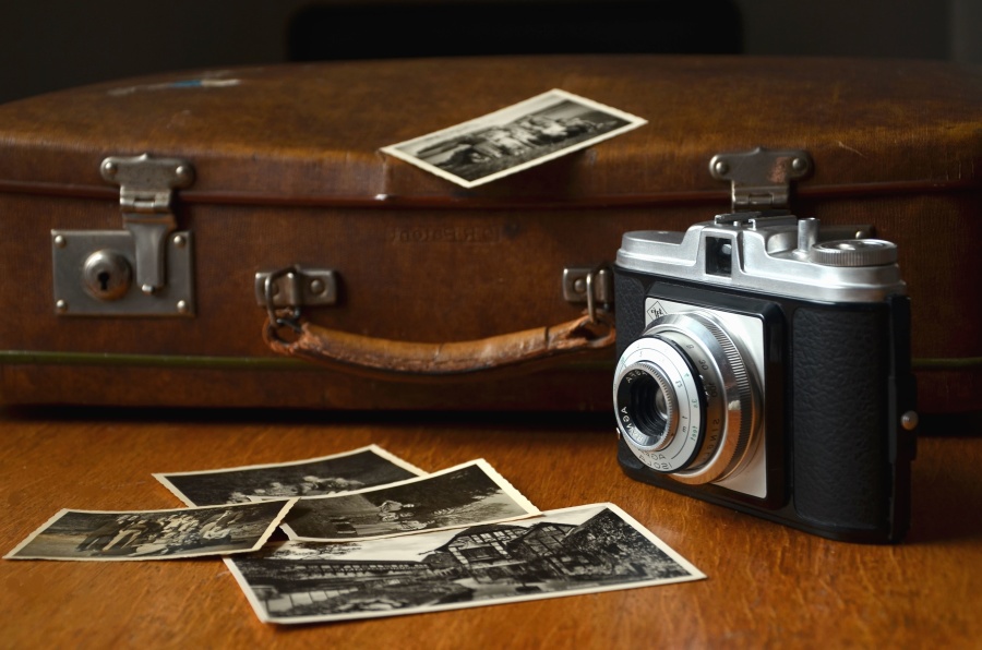 Caméra photo, retro, valise, photos