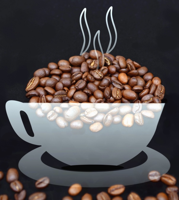 šálka kávy, zrno, fotomontáž, pečienka