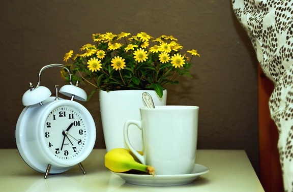 pote, flor, relógio, ainda vida, caneca, chá