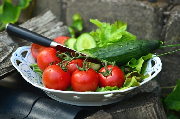 tomato, cucumber, knife, bowl, vegetables, food