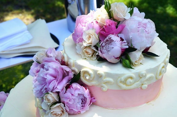 kage, blomster, dekorationer, bryllup, mad