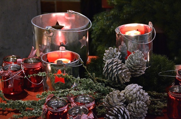 træ, stearinlys, voks, jul, dekoration, pinecone