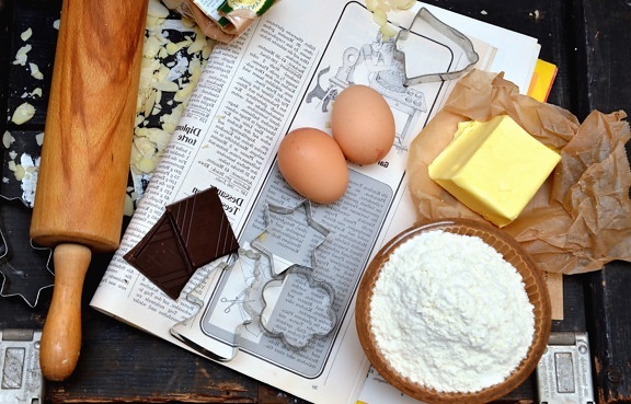 recipe, rolling pin, egg, flour, margarine