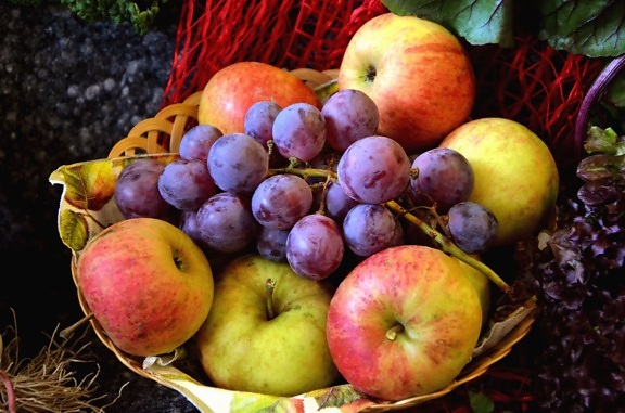 Fruta, cesta, uva, manzana, alimento
