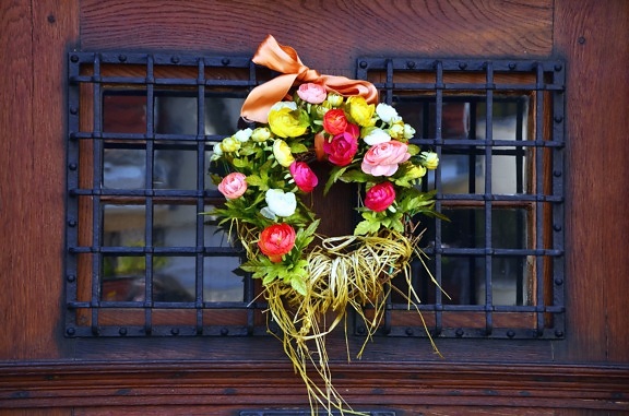 λουλούδι, στεφάνι, διακόσμηση, παράθυρο, κάγκελα, πόρτα