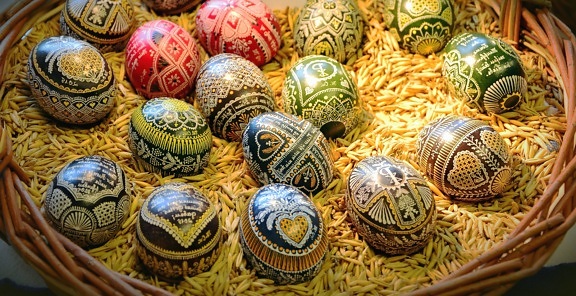 鸡蛋, 篮子, 复活节, 颜色, 五颜六色, 巢
