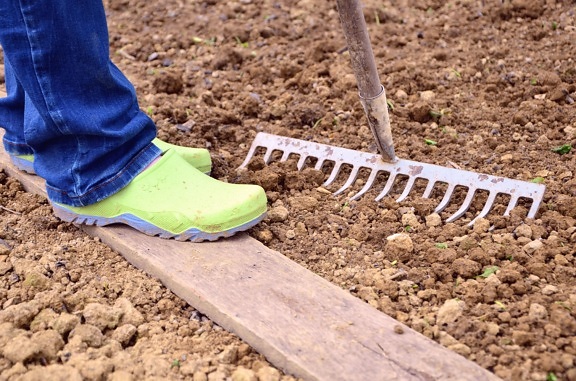 shoes, soil, rake, ground