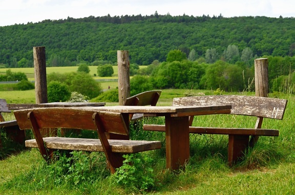 bench, table, forest, mountain, meadow, wood, grass
