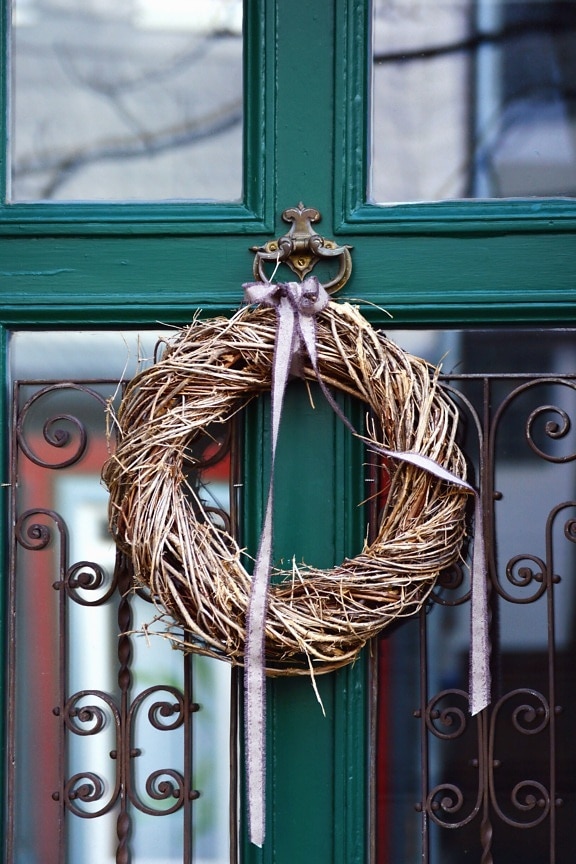 wreath ribbon, decoration, front door, glass