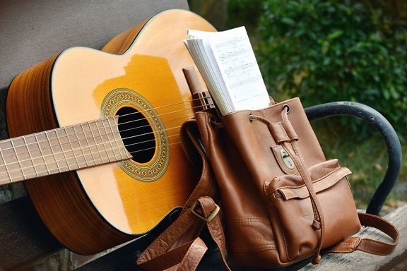 backpack, guitar, music, instrument, bench