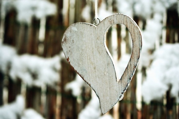 Cuerda, anillo, corazón, madera, arte, nieve, invierno