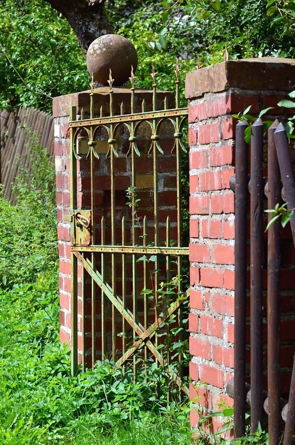 Puerta, metal, ladrillo, planta, valla