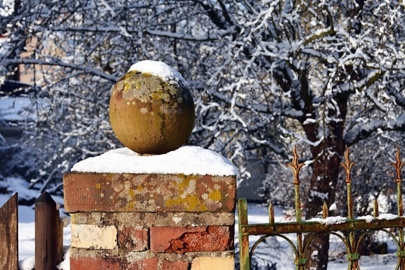 Árbol, invierno, nieve, cerca, metal, ladrillo, esfera, hormigón
