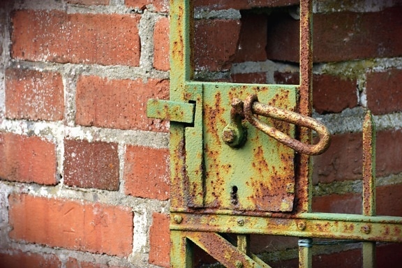 Cerradura, antigüedad, manija de puerta, pared, ladrillo, metal