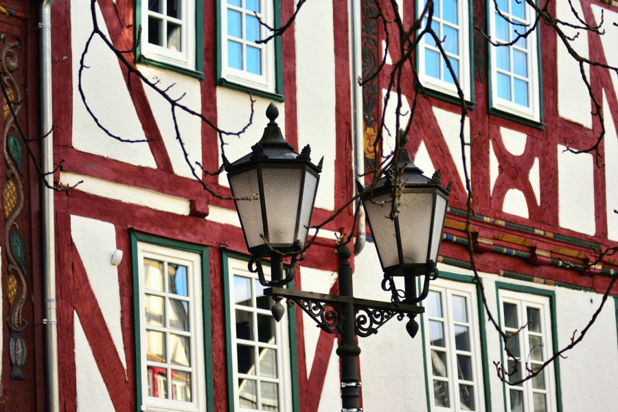 street lamp, architecture, facade, window, branch