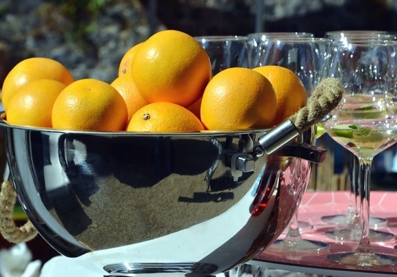 orange, bowl, metal, fruit, glass