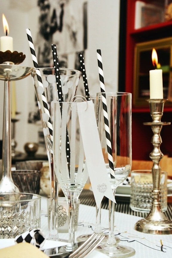 Vidrio, velas, mesa, candelero, decoración