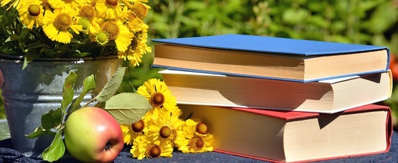 knihu, kvet, jablko, sklo, vedierko, zátišie