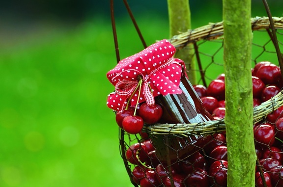 basket, jar, jam, cherry, fruit, food, wood