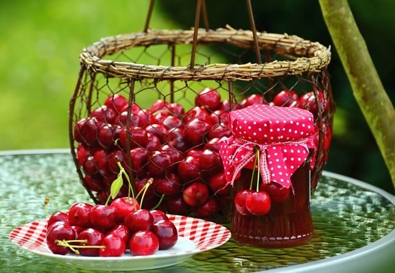 cherry, spring, basket, jam, jar, food, table