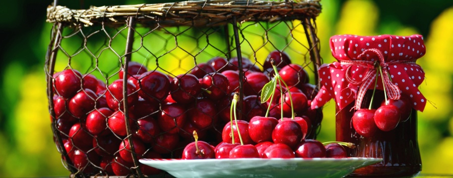 Cherry, selai, jar, buah, makanan, Meja