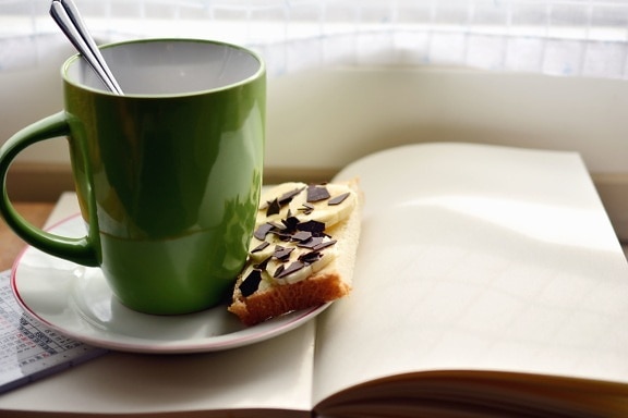 cup, saucer, bread, food, cheese, book, breakfast