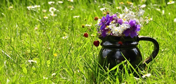 keramika, pohár, kvety, kytice, lupienok, tráva, príroda