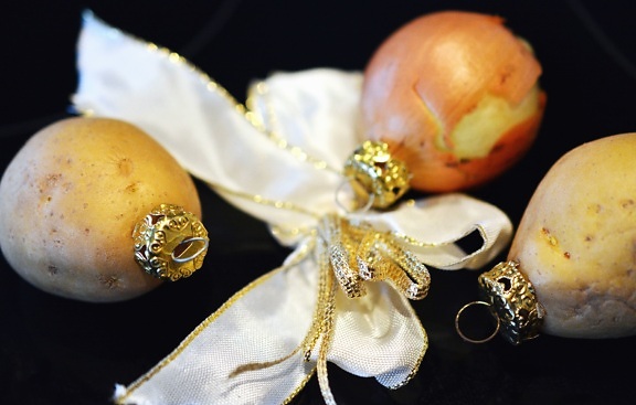 Decoración, patata, cebolla, navidad, tela, vegetal