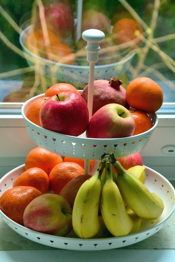 Schüssel, banane, apfel, mandarine, frucht, nahrung