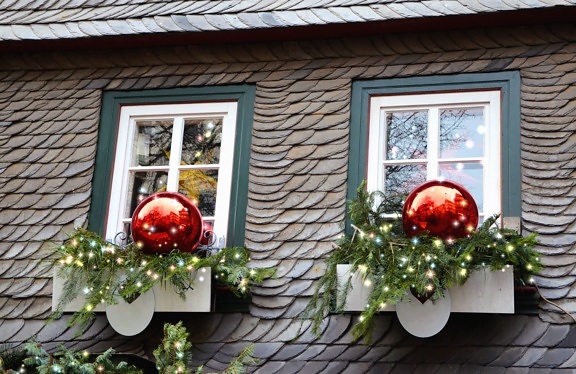 dekoration, vindue, tag, hus, jul