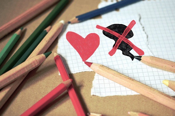 pensil, warna, warna-warni, jantung, kertas, menggambar