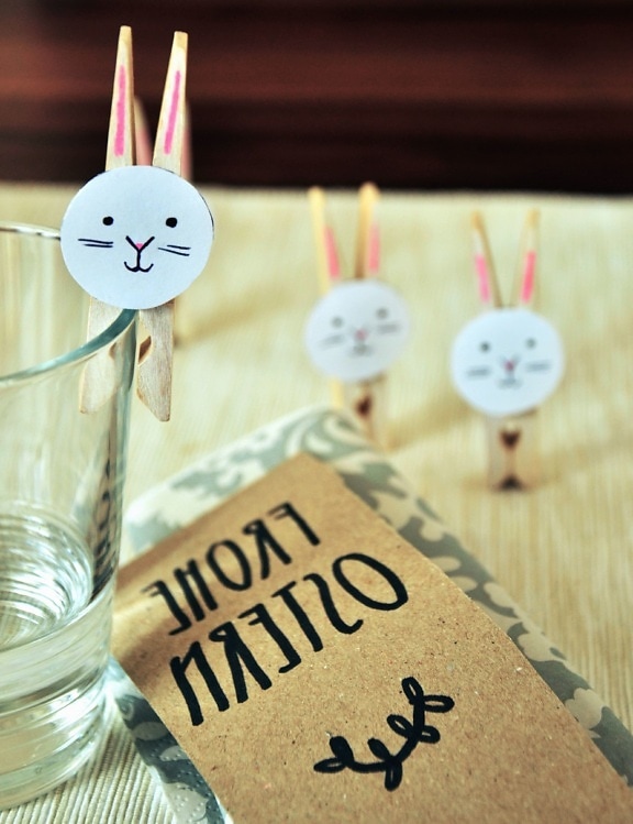label, glass, water, clothespin, decoration, bunny