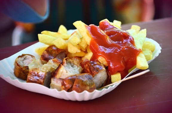 french fries, potato, baked, meat, ketchup, tomato, food