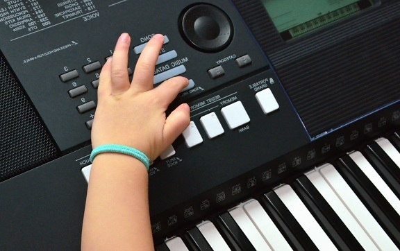 Música, instrumento, sintetizador, teclado, botón, mano, niño
