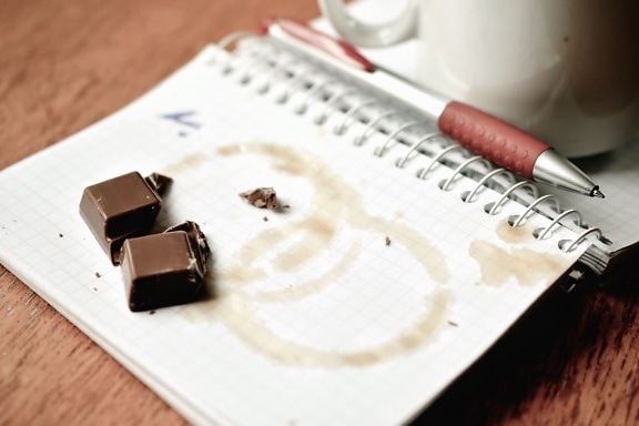 chocolate, sweet, stain, coffee cup, paper, pen