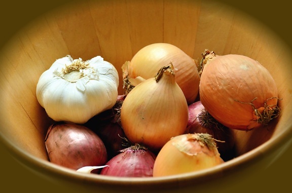 garlic, onion, bowl, vegetable, food