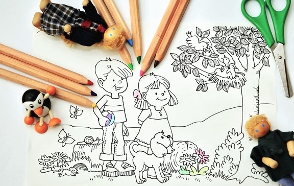 krayon, menggambar, pensil, anak laki-laki, gadis, gunting, boneka