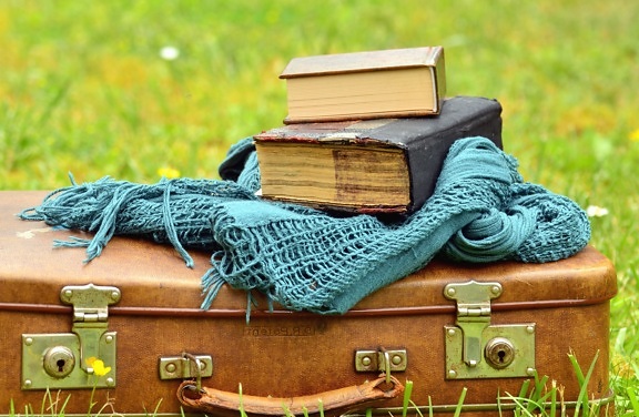 kufr, kniha, retro, kůže, tráva, šátek