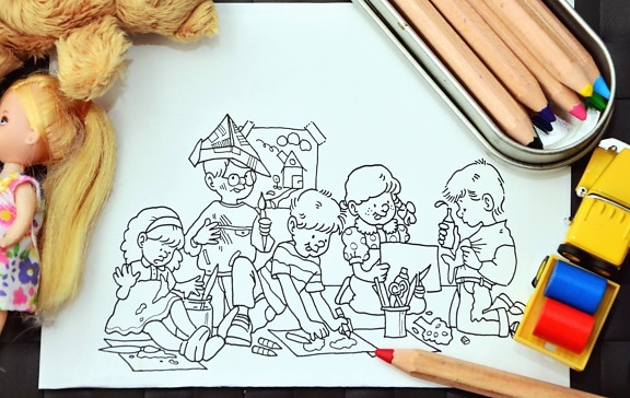 Enfant, garçon, fille, dessin, couleur, papier, poupée, camion, crayon