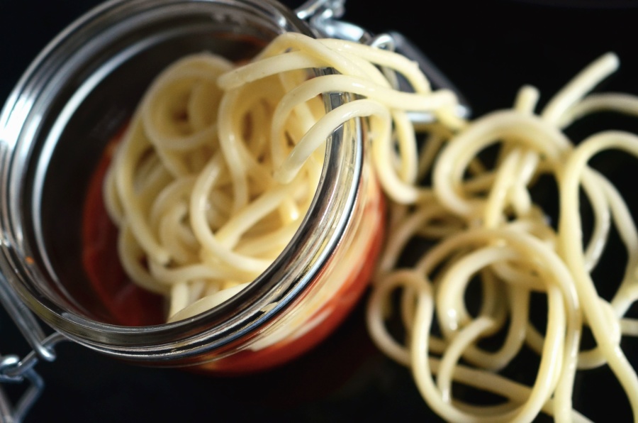 spaghetti, jar, saus, deeg, voedsel