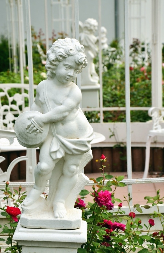 statue, sculpture, boy, rose, flower, garden