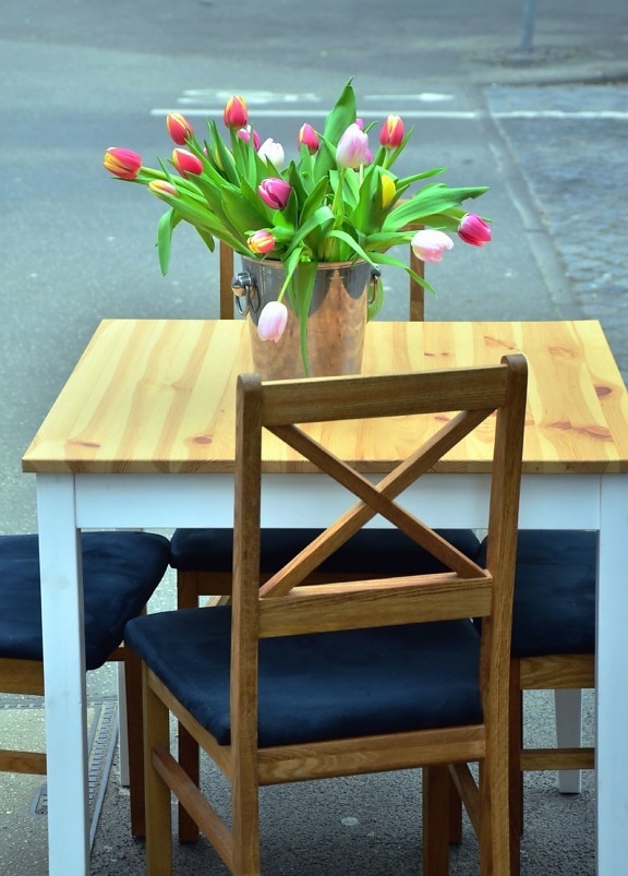 Tulipano, fiore, foglia, tavolo, sedia, vaso