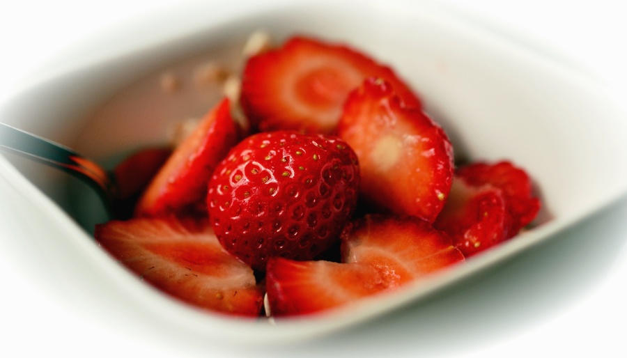 strawberry, fruit, sweet, bowl, spoon, food