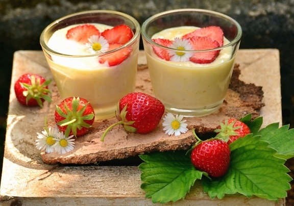 jordgubb, pudding, frukt, söta, leaf, glas