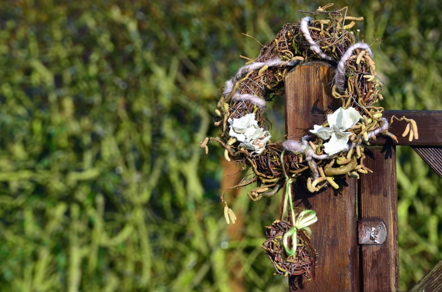 coroa de flores, porta, cerca, plantas, decoração, madeira
