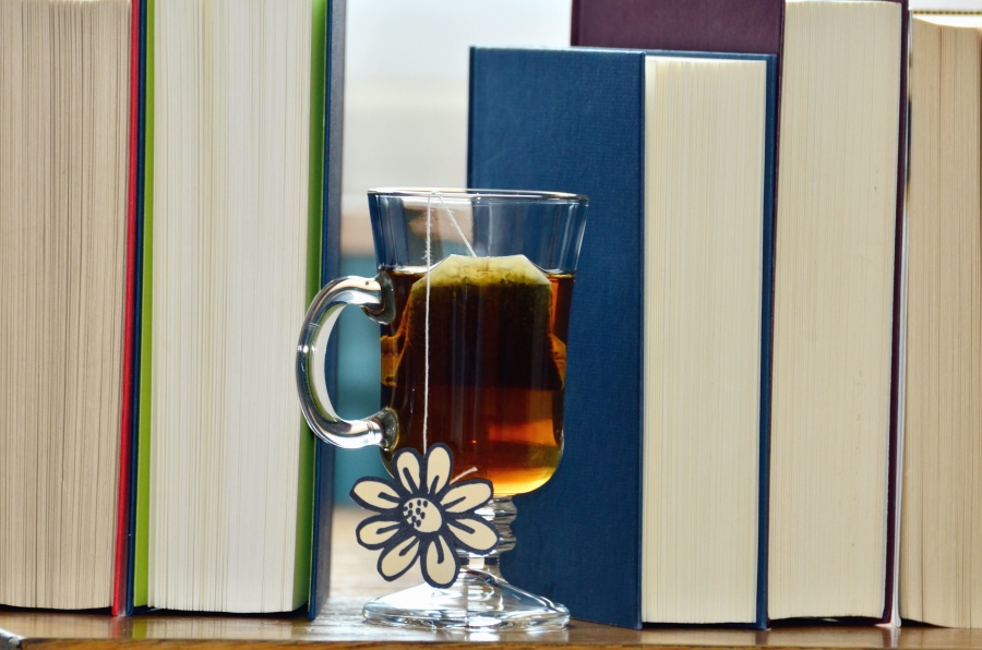livro, estante, bebida, bebida, chá